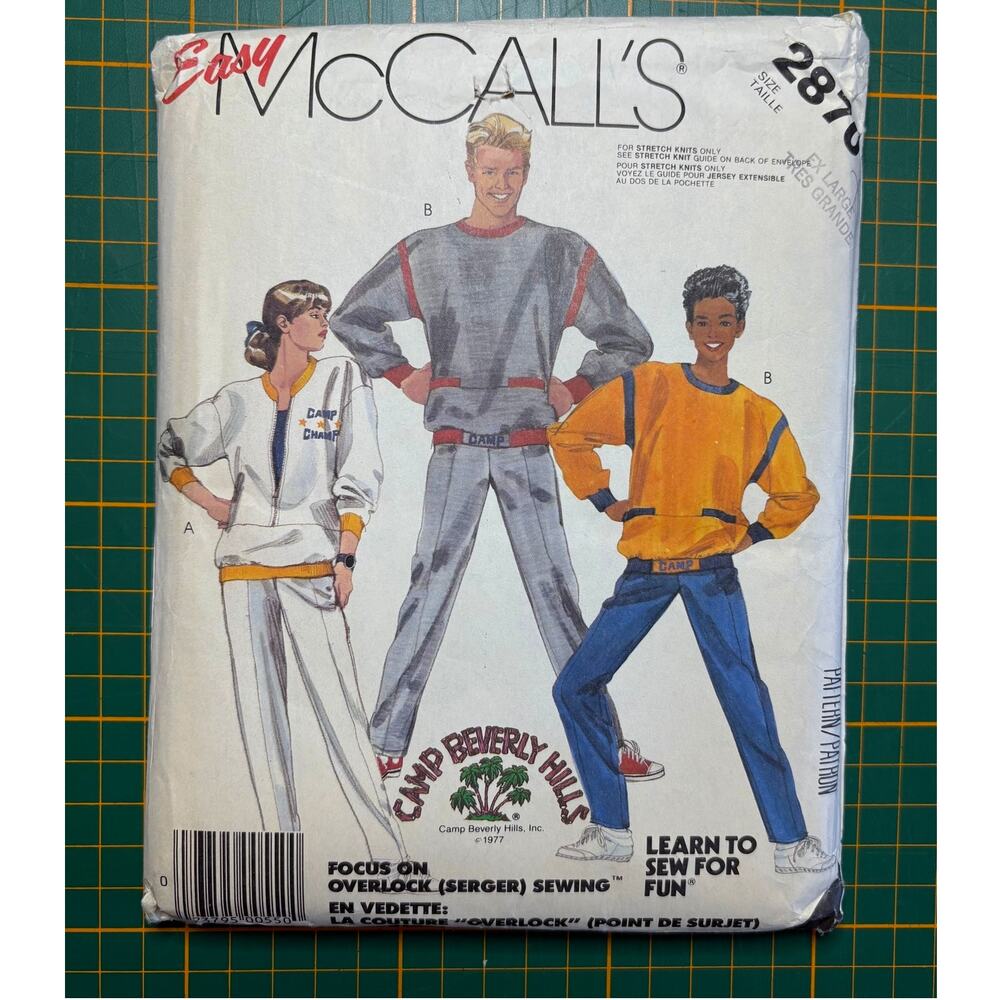 Vtg McCall's Misses and Men's XL Sport Tops/Pants Camp Beverly Hills FF/UC 1986